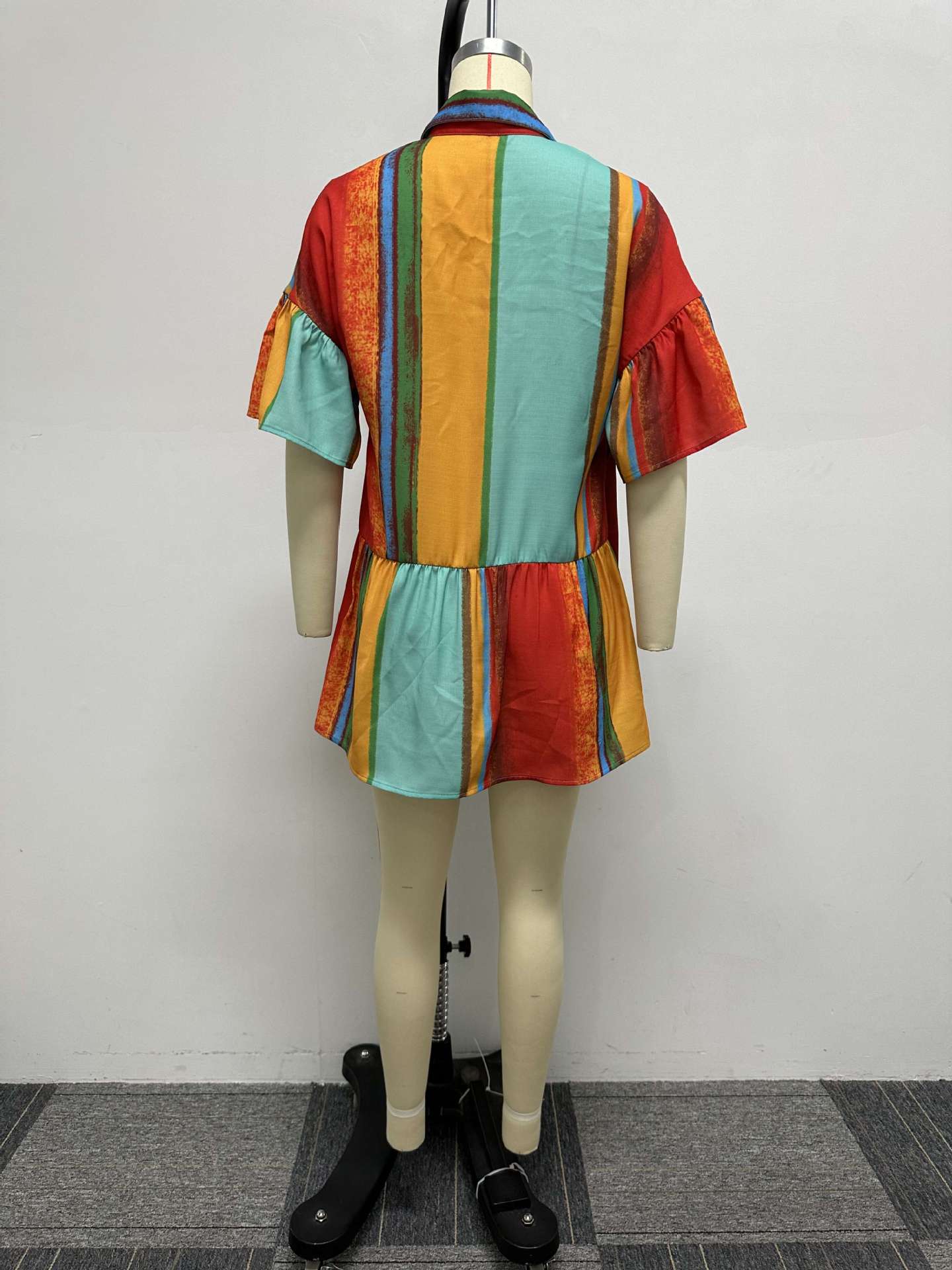 Slim Fit Printed Color Contrast Patchwork Short Dress Colorful Coat Short Sleeve Shirt Dress