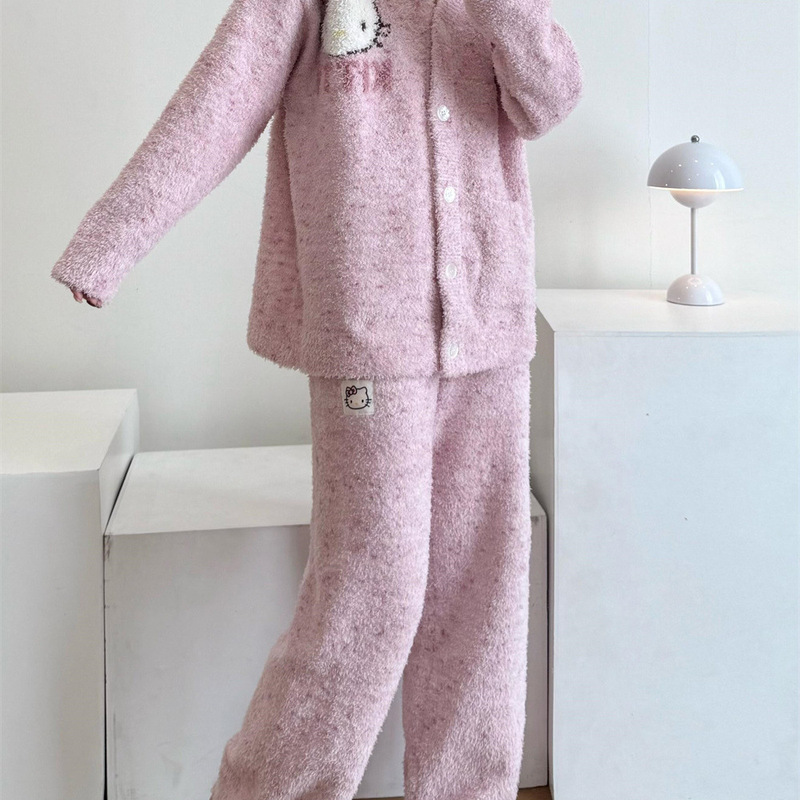 软糯甜美少女可爱凯蒂猫半边绒睡衣女冬季新款保暖加厚家居服套装|undefined