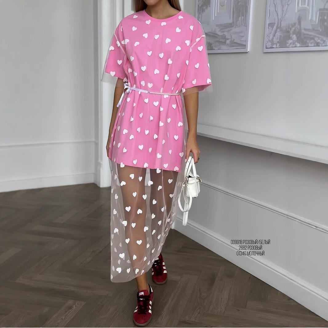 Women's Long T-Shirt Dress Sexy Heart Mesh Patchwork Loose Fit Short Sleeve_voghion.com