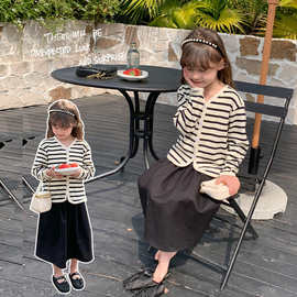 qc2408儿童qc2408女童条纹开衫针织衫两件套