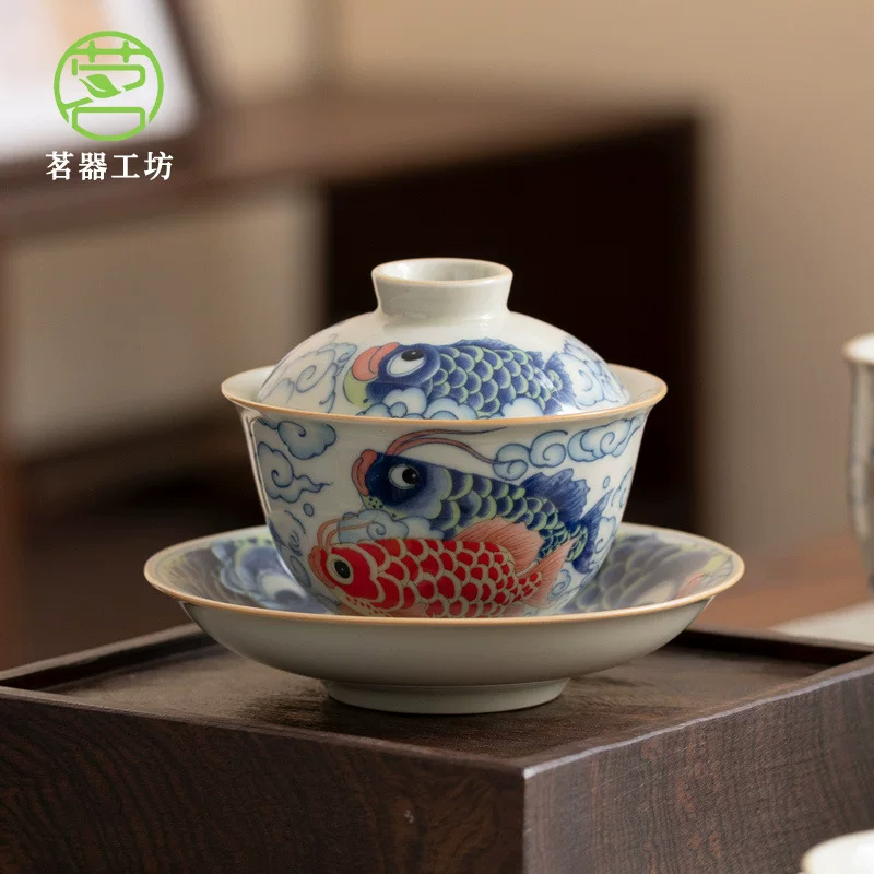 Blue and white ceramic tea cup, retro tea set, anti-scald