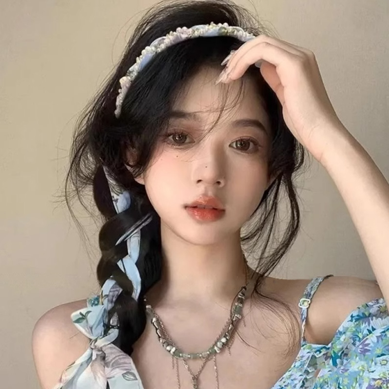 Verano francés cuerda flotante correa de cabello de perla correa de cabello de alta sensibilidad temperamento trenzado en una correa de cabello atada cinta adornos de cabello