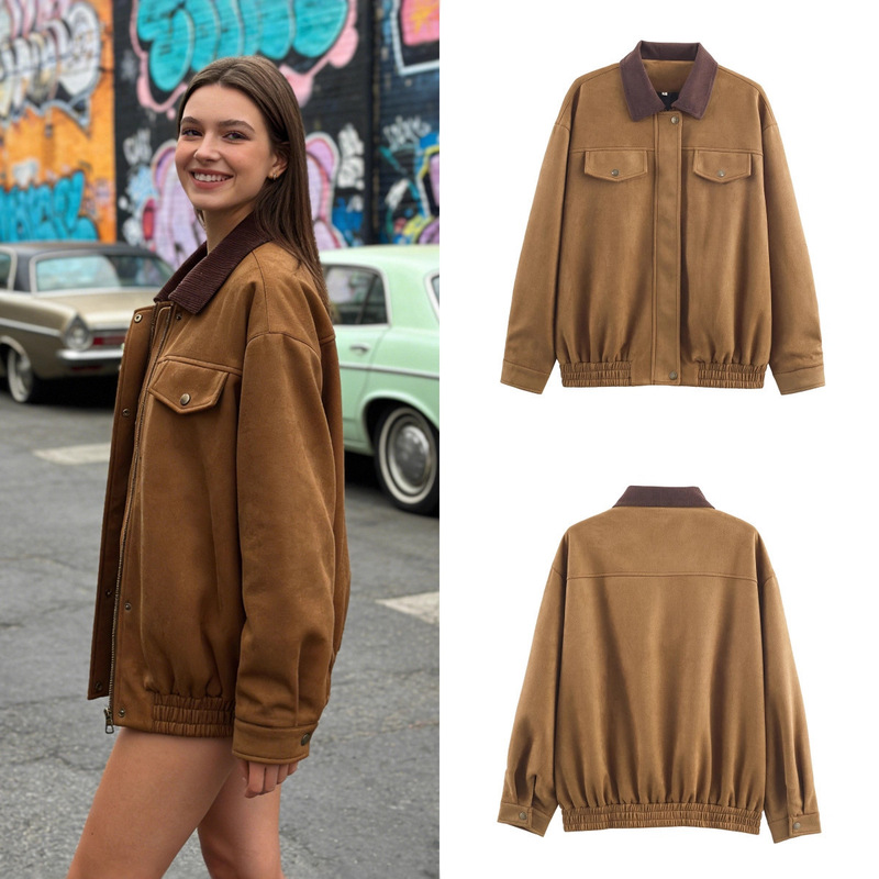 Za Foreign Trade Cross-Border Wholesale European and American Style Women's Clothing Autumn New Casual Suede Pocket-Decorated Jacket Coat