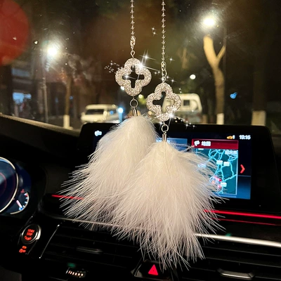 Car pendant high-end creative beautiful feather rearview mirror car interior pendant Net red goddess with drill car hanging wholesale (Car hanging) - four-leaf-clover-pendant-white-feather