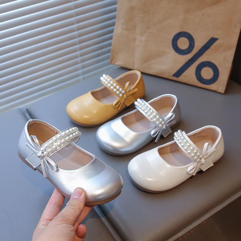Girls Princess Shoes Spring & Fall New Baby Small Leather Shoes Pearl Silver Little Girl Leather Shoes Bow Baby Girl Flats