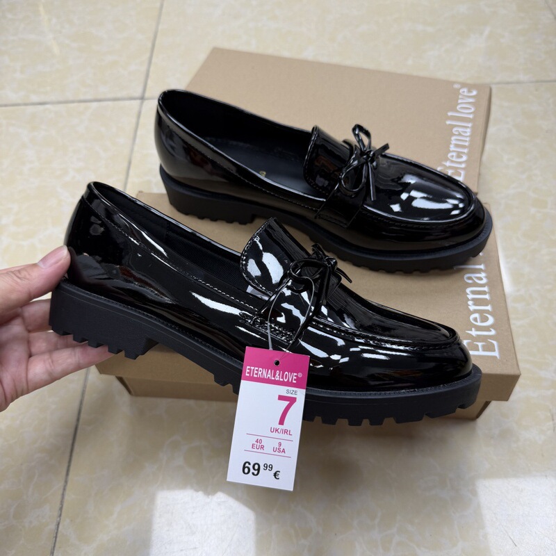 British Business Casual Trendy Glossy Lace-Up Bow Thick Heel Slip-On Women's Loafers