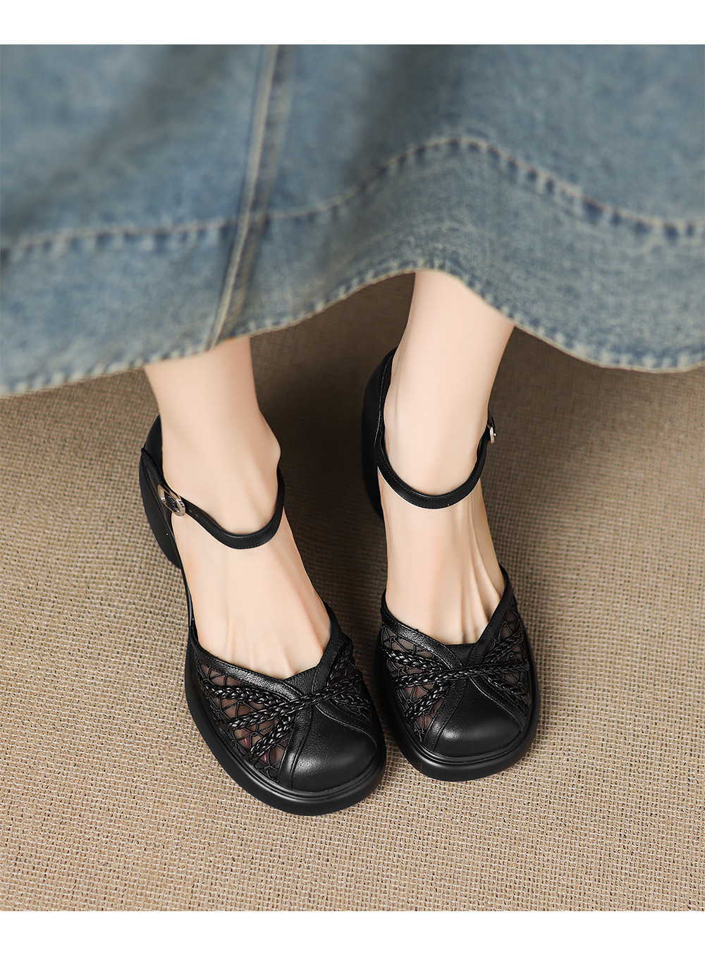 Giày cao gót nữ đế xuồng gót 8 cm, mũi kín, quai ngang khóa — đen chi tiết 8