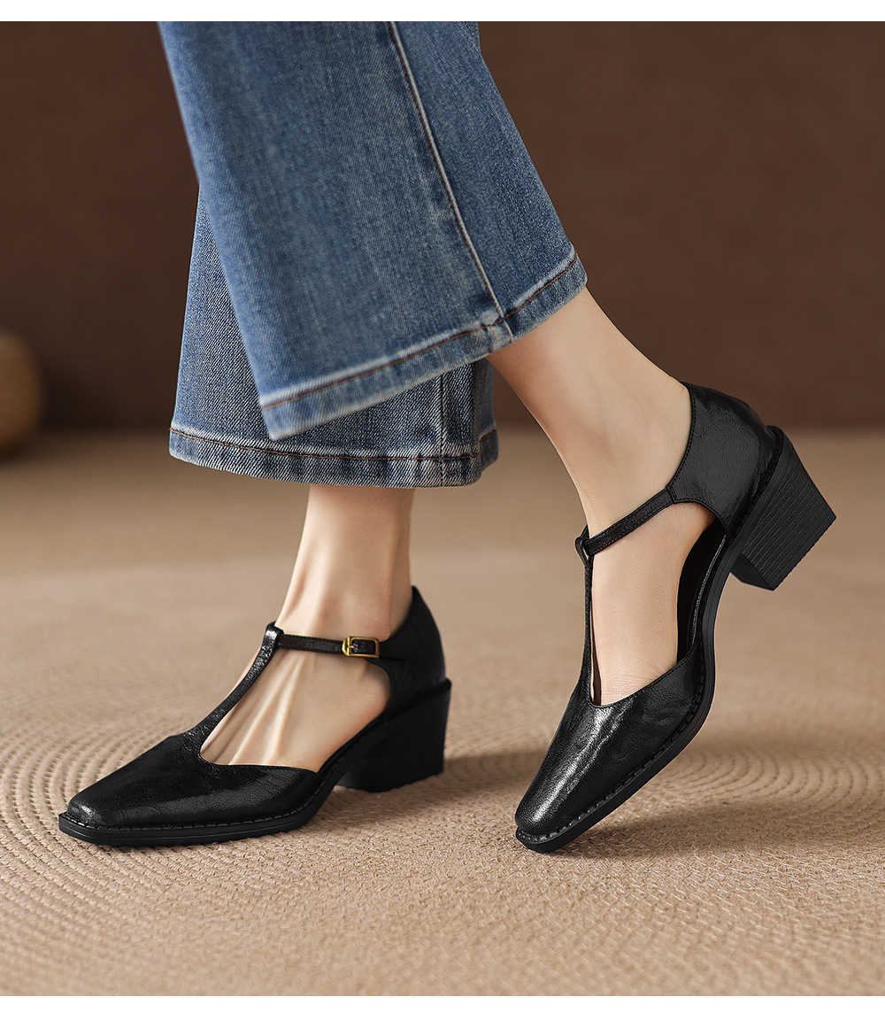 Sandal nữ quai ngang chữ T mũi nhọn gót vuông phong cách Anh retro — màu nâu chi tiết 7