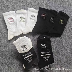 外贸四季款男女户外运动袜始祖刺绣纯色中筒袜吸汗跑步袜子批发