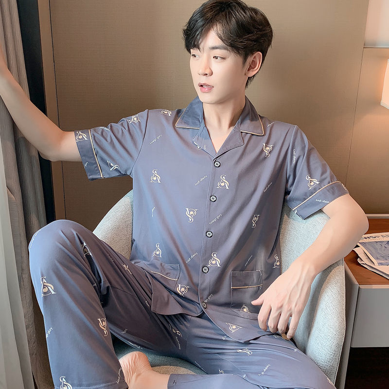 100% pijamas de algodón para hombres de verano de manga larga y corta para hombres delgados jóvenes y de mediana edad más el tamaño de primavera y otoño traje de uso en el hogar