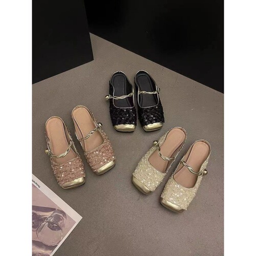 Flat Heel Closed Toe Mary Jane Sandals Women's Sequin Lazy Casual Sandals Matching Skirt Half Slippers