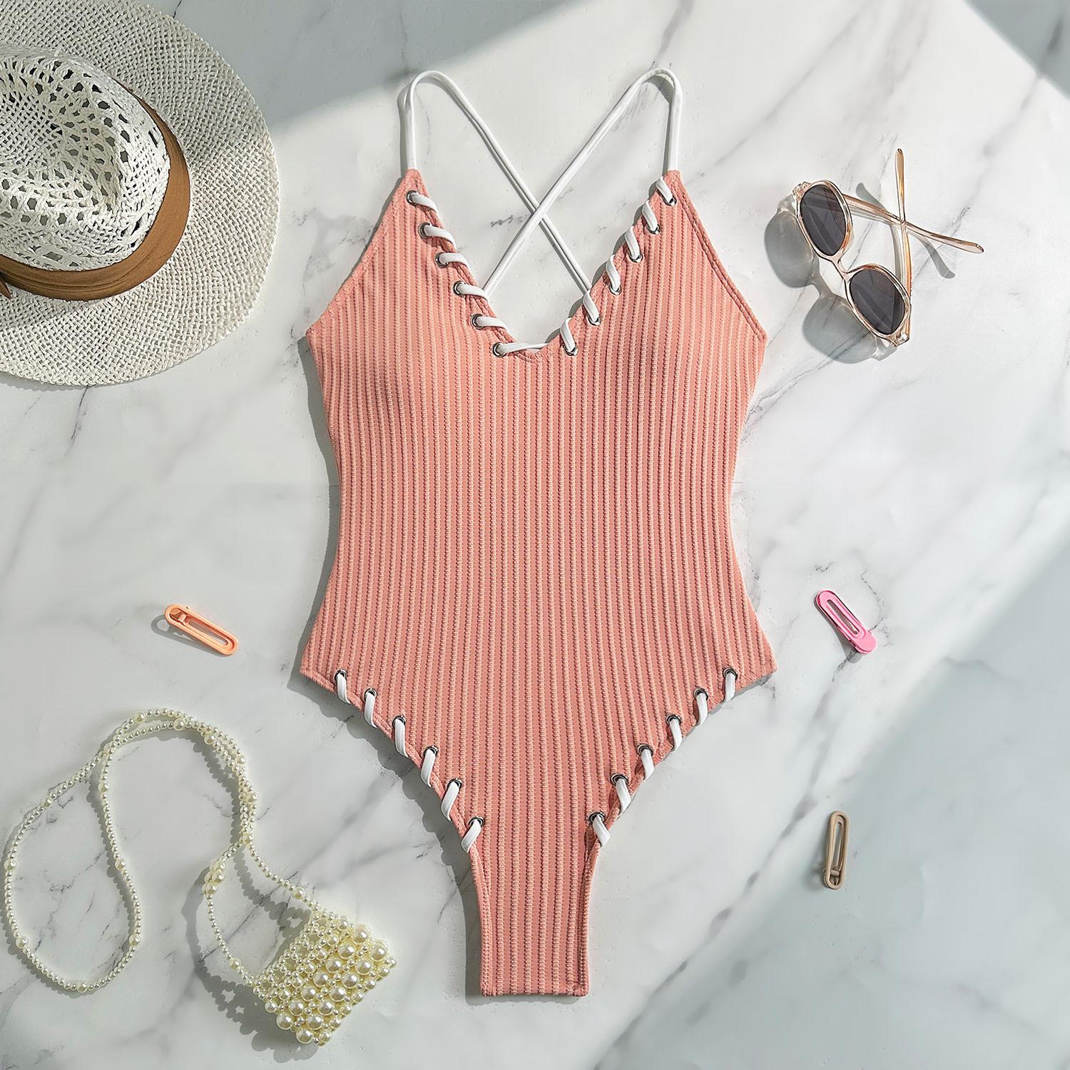 Adjustable Eyelet & Tie Front One-Piece Swimsuit Color Block Strappy Monokini_ecoleips.com