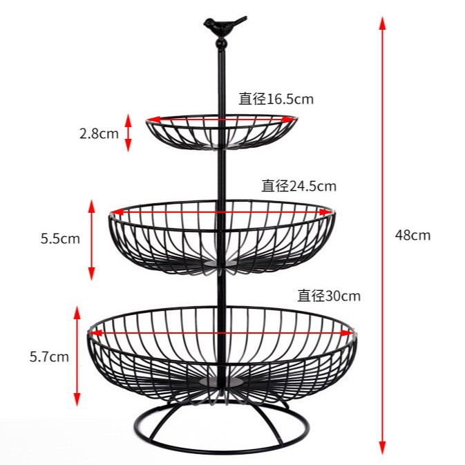 Cesta de fruta de hierro de tres capas Sala de estar de estilo europeo Placa de fruta seca Hogar negro creativo cesta de fruta de múltiples capas al por mayor