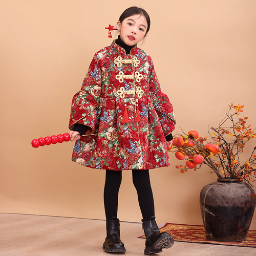 Girls' large flower cotton-padded jacket winter coat  new antique style girls Hanfu New Year's greetings quilted children's Tang suit