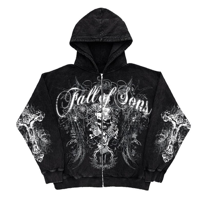 European and American y2g fashion men's and women's 2022 Winter new letter skull cross zipper hoodie long-sleeved sweater