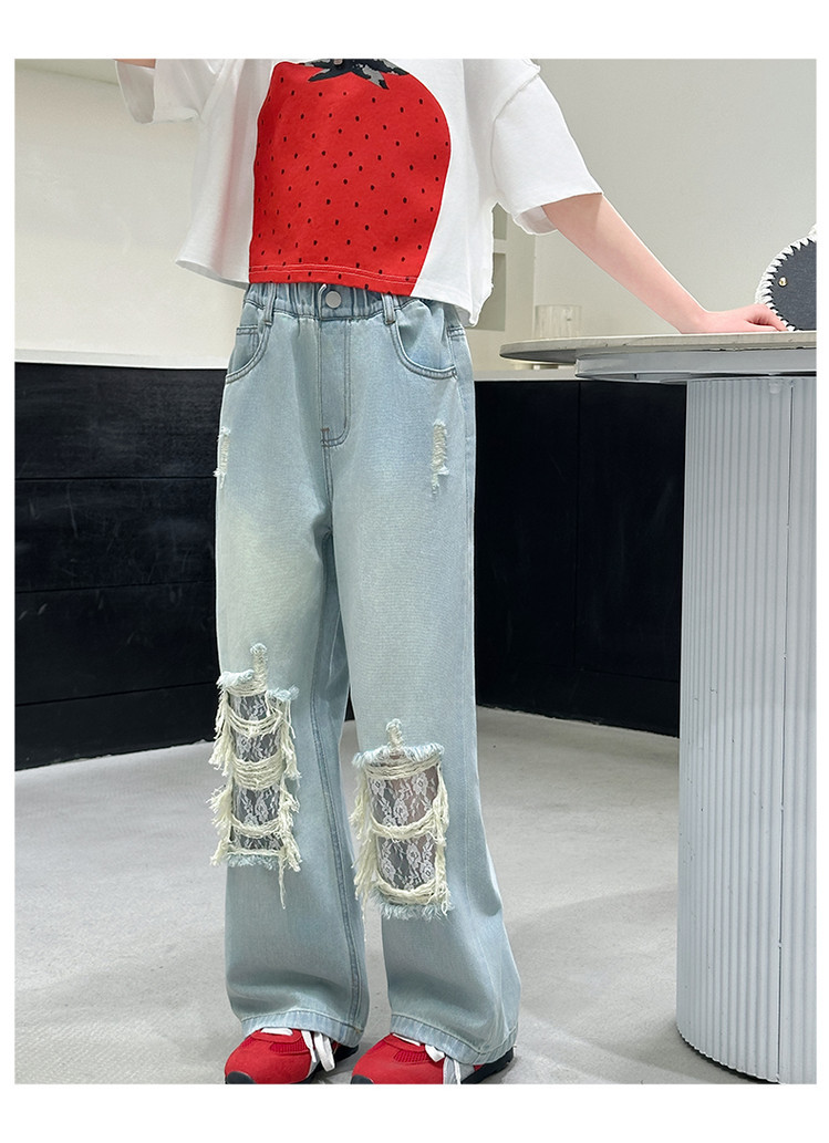 A25036 Style Ripped Lace Jeans Wide Leg New Children's Miscellaneous European And American Jeans_viptrois.com