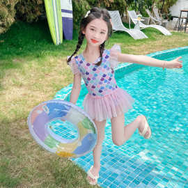 女童连体裙式泳衣夏季2026新款儿童美人鱼网纱裙边泳装速干玩水服