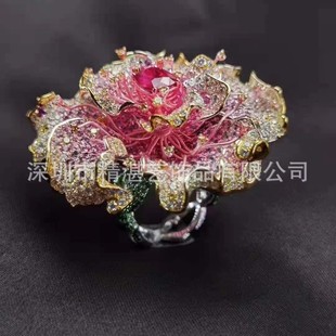 18K gold diamond flower ring color plating luxury ring gold silver copper micro inlay color treasure set manufacturing