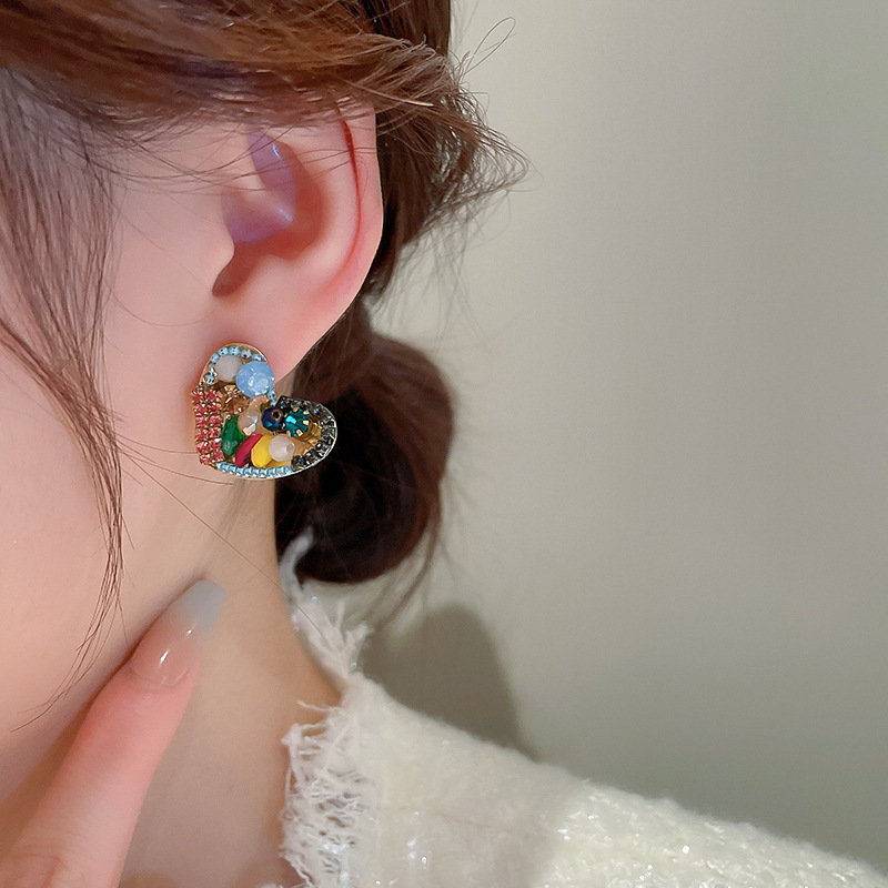 Cute Heart Shape Copper Plating Rhinestones Earrings 1 Pair