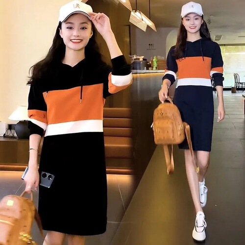 Improved style—please check the actual product before placing your order: high-end color-block hooded sweatshirt dress for women, new autumn collection.