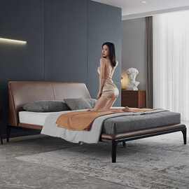 美E1级牛皮真皮床-北欧白蜡木轻奢婚床-排骨架设计与意式真皮