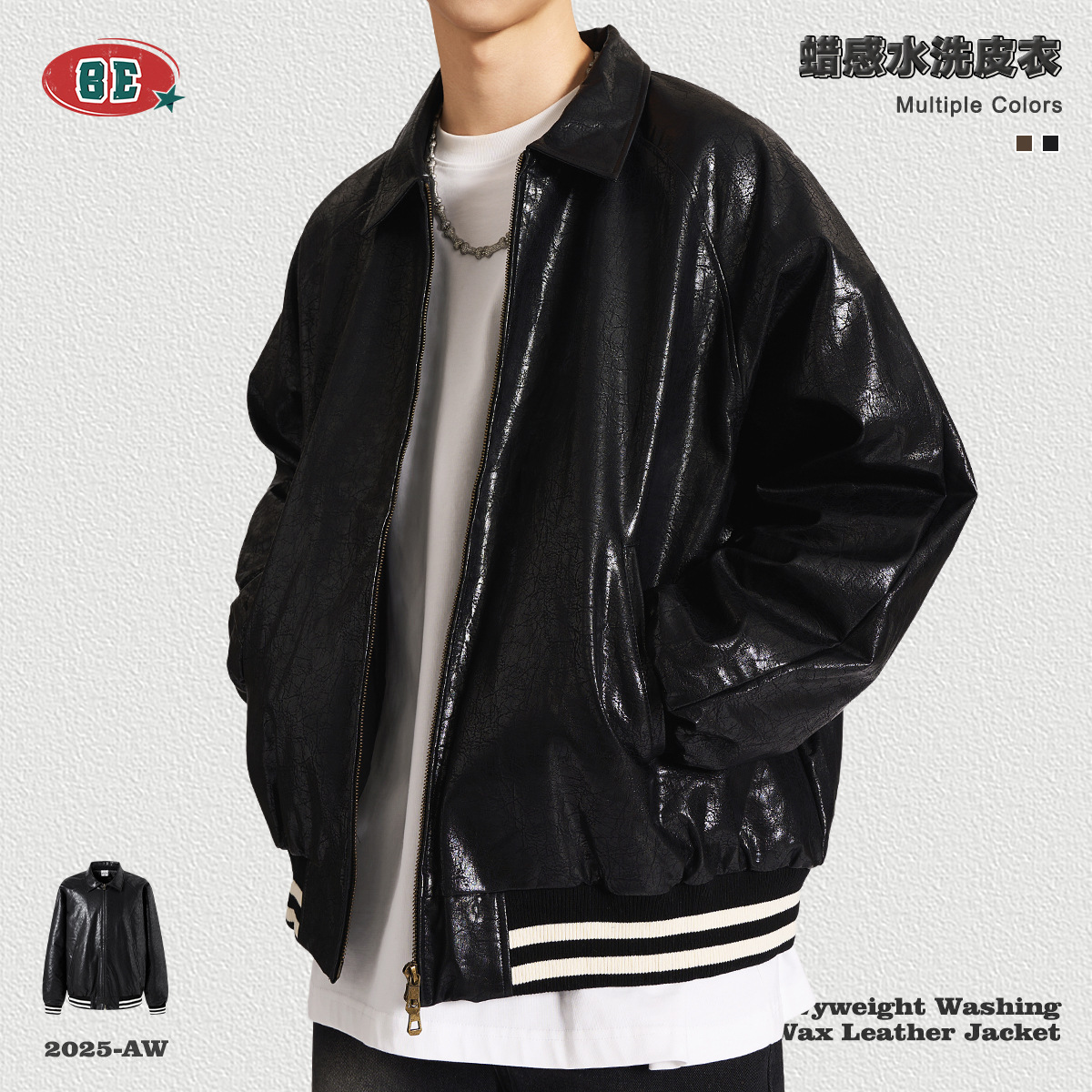 Ropa para Hombre BE, Chaqueta de Cuero Vintage con Acabado Encerado Pesado, Otoño/Invierno 2025, Ropa de Calle de Marca Moderna, Estilo Barn, Tendencia Masculina