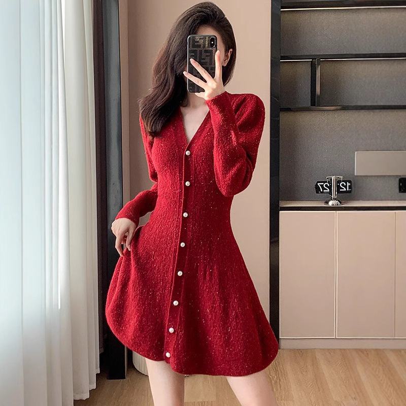 New Year Christmas War Gown Waist dress Women's Autumn and Winter Elegant Dress High-end Light Luxury Niche Skirt Knitted Sweater New Year Christmas War Gown Waist dress Women's Autumn and Winter Elegant Dress High-end Light Luxury Niche Skirt Knitted Sweater