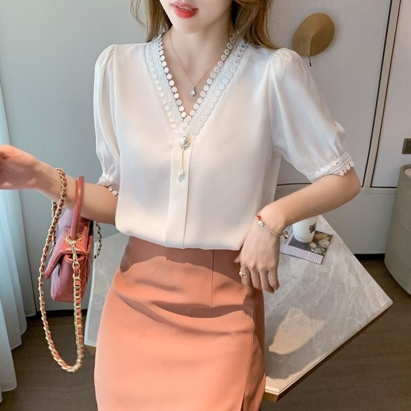 White Short-Sleeve Women's Shirt 2026 Summer Fashion Lace V-Neck Plus Size Stylish Chiffon Blouse Top White Short-Sleeve Women's Shirt 2026 Summer Fashion Lace V-Neck Plus Size Stylish Chiffon Blouse Top