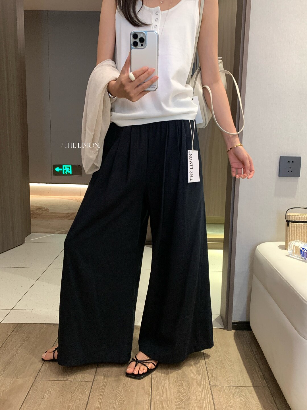 Quần ống rộng nữ vải linen phối cotton dáng suông mùa hè — Xám gạo, Xanh xám nhạt, Xanh đen, Cam bí ngô chi tiết 27