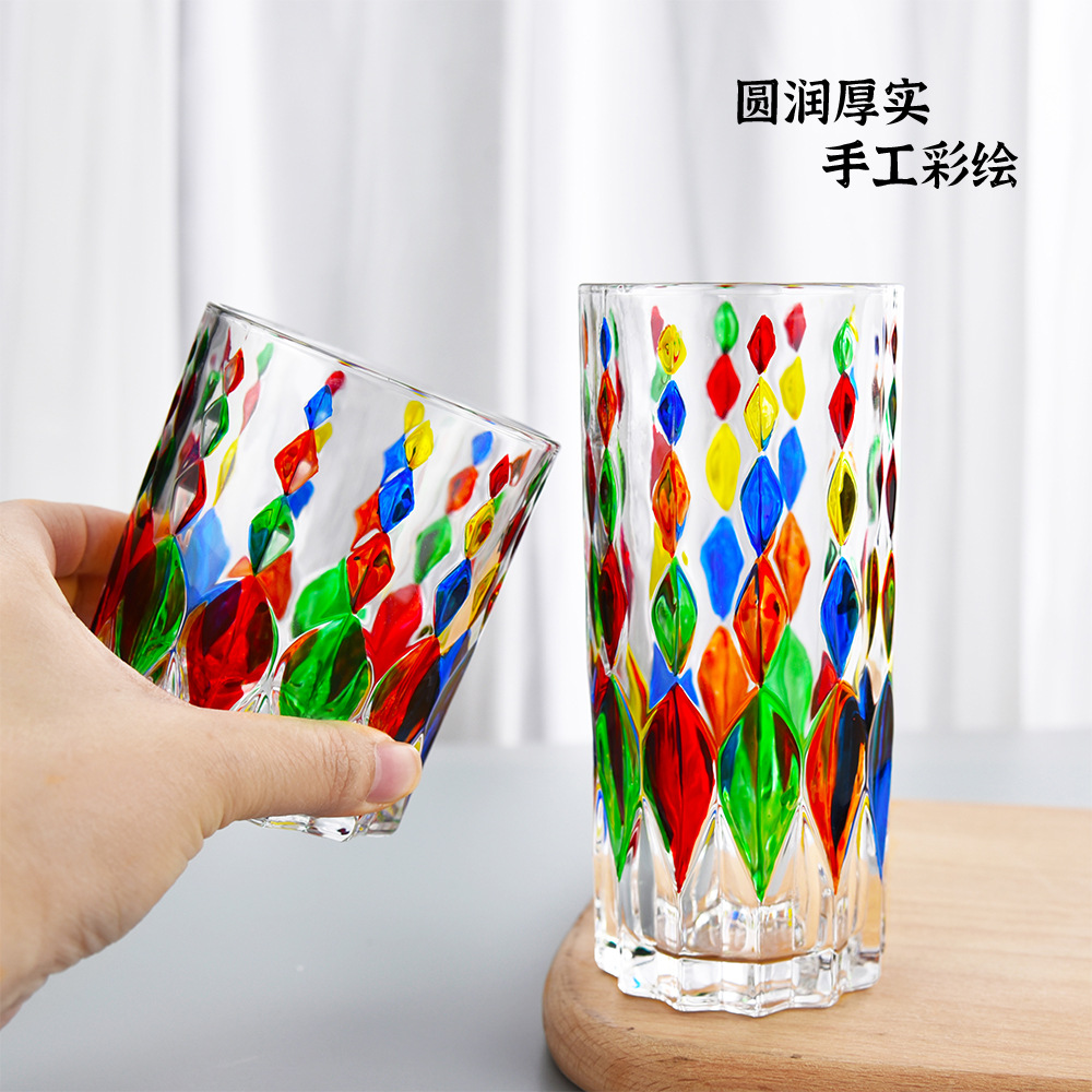 手绘彩色玻璃杯香槟红酒杯水杯 创意ins圣诞装饰杯 手工玻璃杯