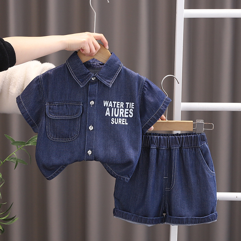 Boys summer suit 2025 new children's lapel letters short sleeve Denim shirt fashion handsome letters suit batch