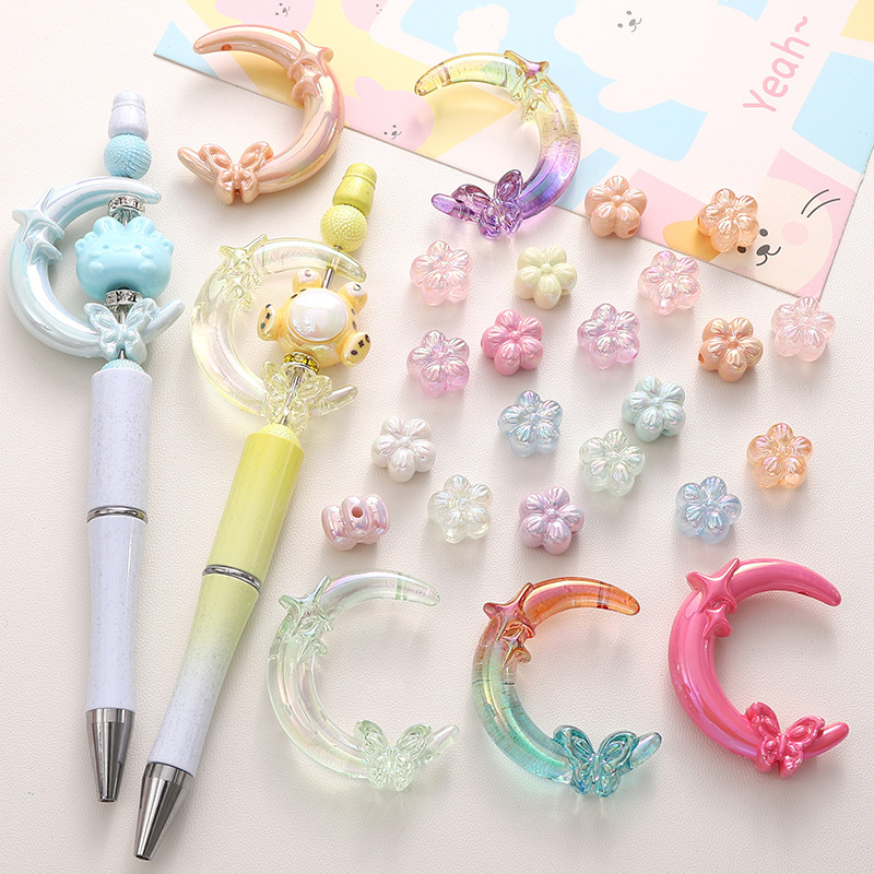 Acrylic Uv Plated Pearlescent Plum Blossom Double Hole Butterfly Star Moon Handmade DIY Beaded Pen Mobile Phone Chain Accessories