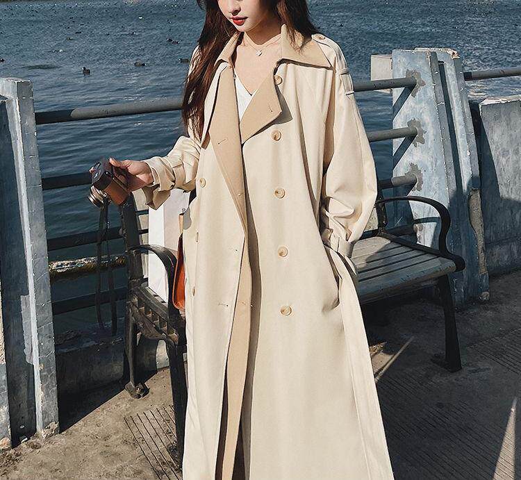 Áo khoác trench coat nữ dáng dài trung bình, form rộng, cổ vest, tay dài, phong cách thanh lịch — Màu be (chất lượng cao cấp) chi tiết 19