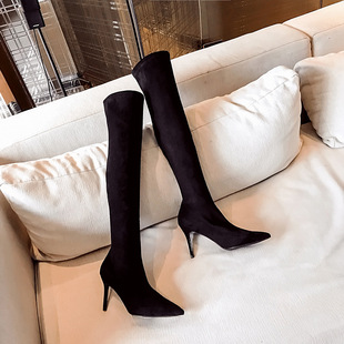 2025 New Autumn and Winter New Spot Over-The-Knee Boots That Do Not Fall Off, Black Suede Slimming Look Pointed Toe Stiletto High Boots for Women