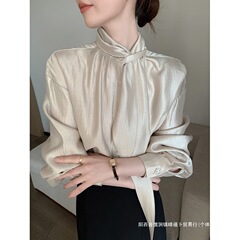 香槟色高领长袖飘带衬衫女春季2025新款法式优雅气质小众时尚上衣