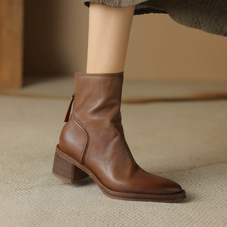 Leather low boots high heels, western style, cowhide