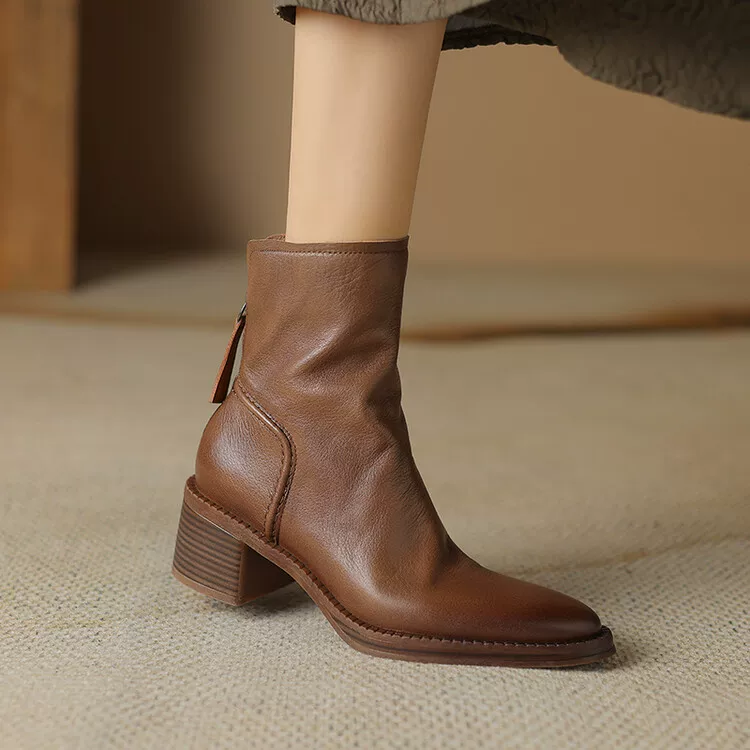Leather low boots high heels, western style, cowhide