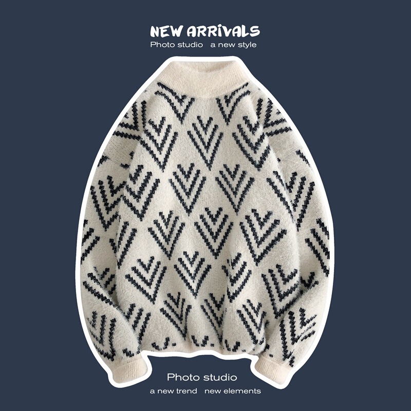 2022 Winter New Arrow jacquard round neck sweater men's loose sweater coat trendy bottoming shirt sweater men
