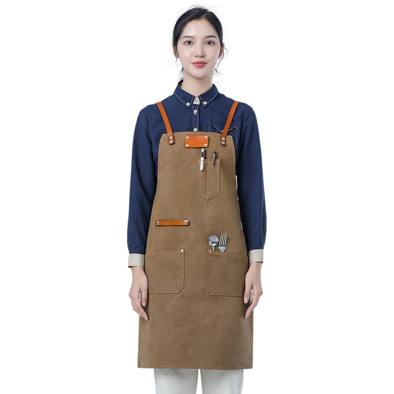 Delantal de lona gruesa estilo coreano nuevo suave pu cuero Cruz Correa barista ropa de trabajo Denim delantal al por mayor
