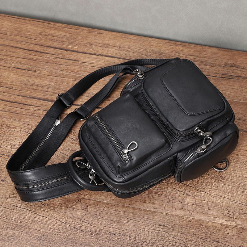 Túi đeo chéo nam da bò lớp đầu kiểu đeo ngực đa năng 22×12×28 cm — Màu đen chi tiết 3