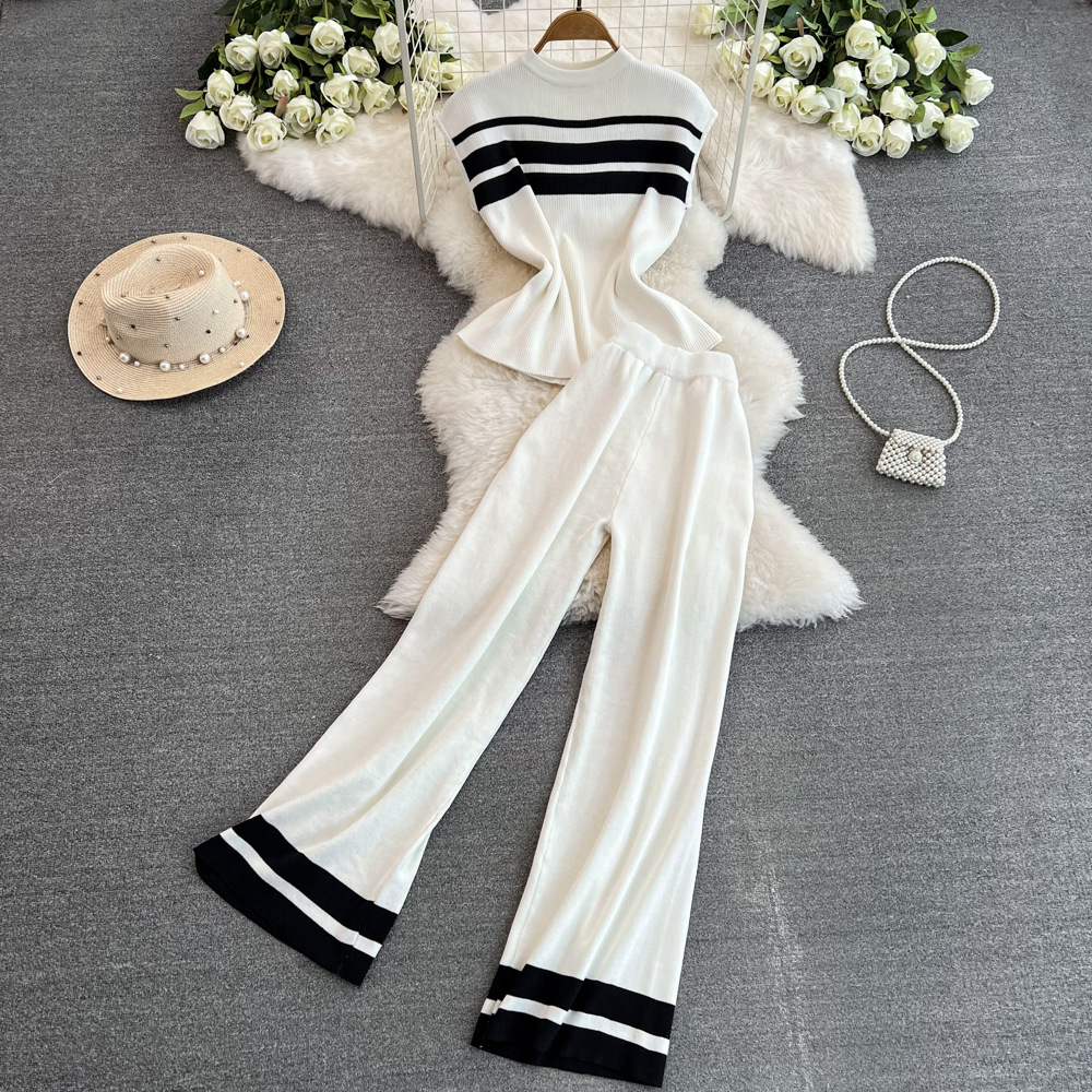 473g Weight Sleeveless Sleeve Length Polyester Fabric Type Pant Co-ord Set Sets Type 2 Pieces Set Quantity Daily Occasion Round Neck Neckline Loose Fit Type Stripe Pattern Summer Season Women's Gender Casual Style Daily Women's Casual Stripe Polyester Pant Co-ord Set Pants Sets 无