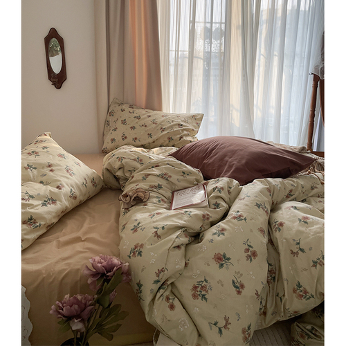 Retro cream flower ins small floral cotton bed sheet four-piece set princess style 100 pure cotton quilt cover bed sheet four-piece set