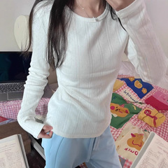 镂空打底衫女甜美风bm修身提花春秋别致圆领内搭上衣正肩长袖T恤