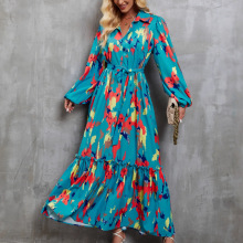 实拍欧美跨境外贸秋冬新款抽象印花单排扣系带收腰灯笼袖连衣裙女
