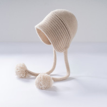 长辫子冬天防风帽 手工毛线洋气小球护耳帽系带保暖可爱针织帽子