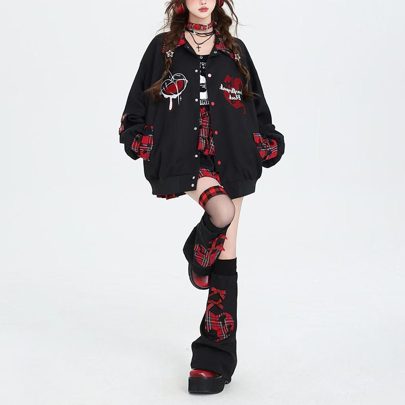 American Retro Plaid Patchwork Baseball Jacket Heart Coat for Women Spring and Autumn Versatile Loose Sweet Cool Style Slimming Top