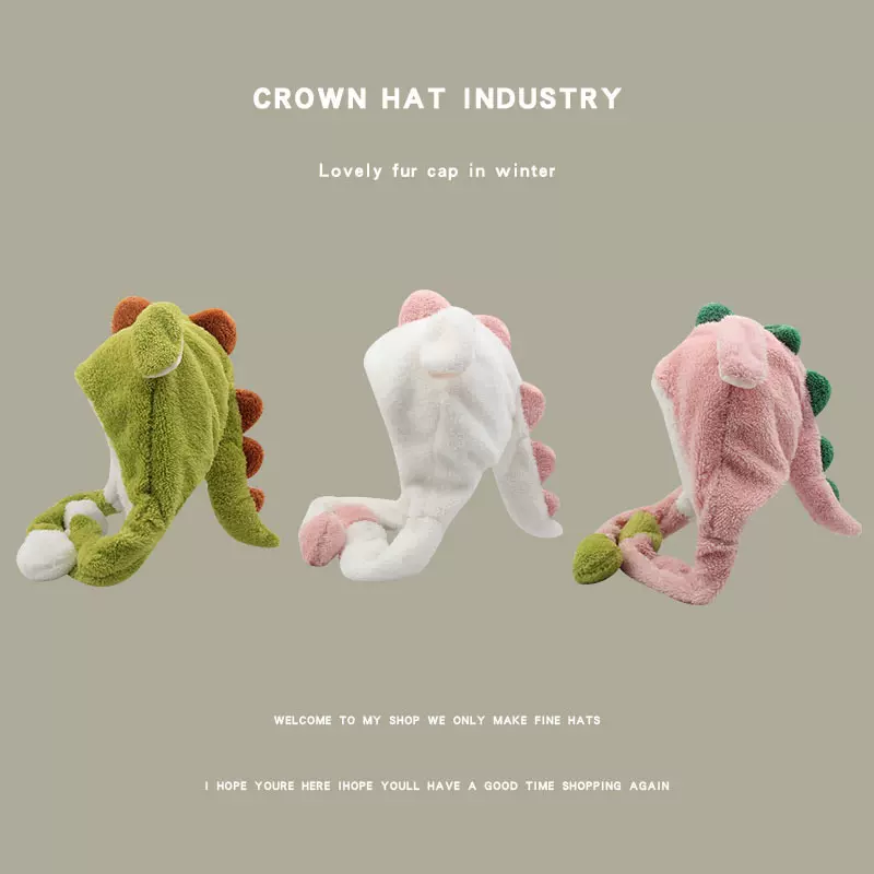 秋冬小恐龙毛绒帽子耳朵护耳帽可爱软妹亲子雷锋帽套头帽加厚保暖
