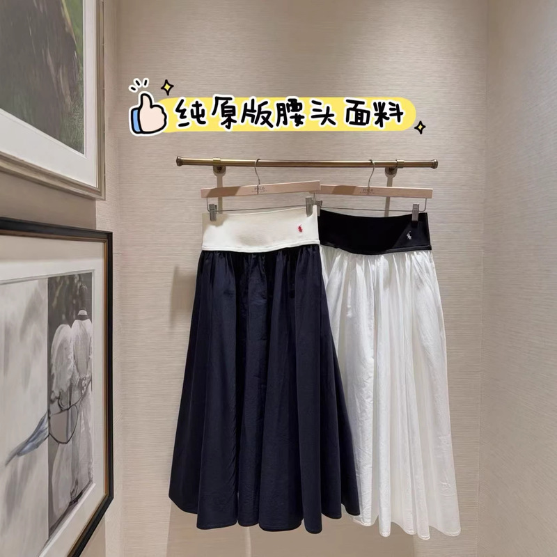 Rl In-Stock High-Quality Rl Ralph Lauren Embroidered Pony Logo Color-Block Waistband Versatile Fashion Long Skirt for Women New Model