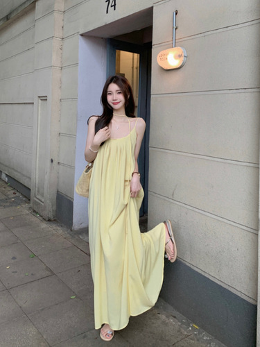 Original Version Style: Seaside Vacation Style Yellow Strap Dress for Women Summer Loose Casual Beach Dress Fairy