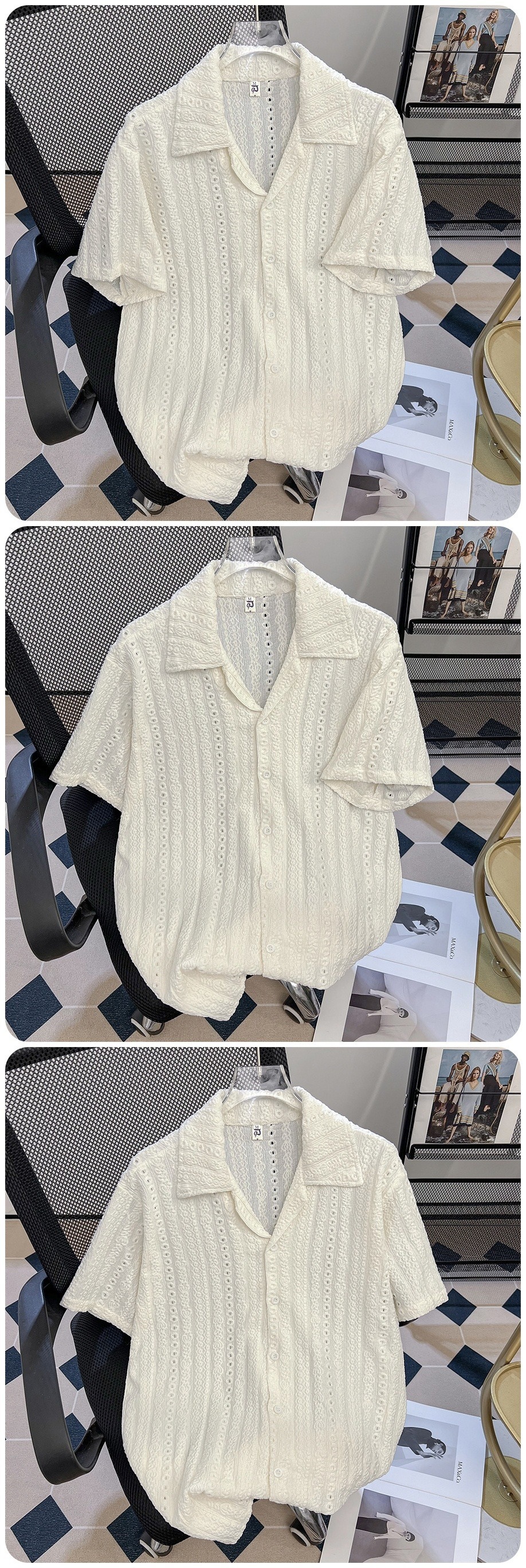 Men's Clothing Men's Thin Casual Cardigan Shirt Summer Trendy Loose Retro Cuban Collar Half Sleeve Wrinkle Resistant Hollowed Out Design_viptrois.com